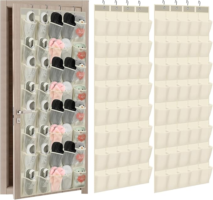Windyun 2 Pack 40 Over the Door Shoe Organizers Large Mesh Pocket Hanging Shoe Rack for Closet Nonslip Behind Door Storage Holder Back to School Organizer for Dorm Room College Storage (Beige)