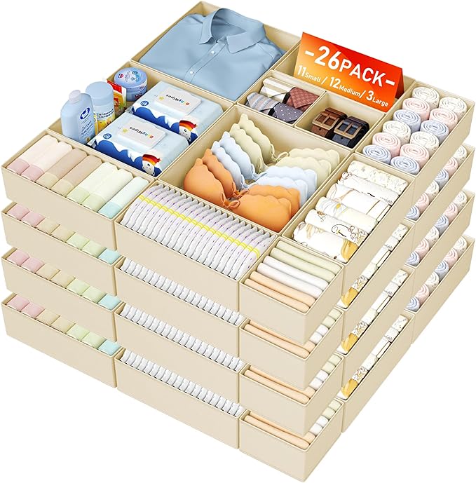 DIMJ Drawer Organizer Clothes, 26 Pack Dresser Organizer, Foldable Closet Organizers and Storage, Fabric Dresser Bins, Drawer Dividers for Nursery, Baby Clothes, Underwears, Sock,Beige