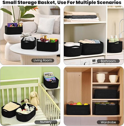 ICERZCZ Small Black Baskets for Organizing, Storage Baskets for Shelves, Small Woven Cotton Rope Basket for Storage, Basket for Gifts Empty, 13"×8.5"×5.1" (3 Packs) Black