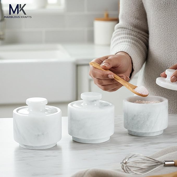 MARBLOUS KRAFTS Set of 3 Marble Salt Cellars with Lids 3" Inch White Salt Holders for Kitchen, Dining, Spices, or Gifts, Modern, Practical Storage for Salt & Spices in Any Kitchen or Dining Room.