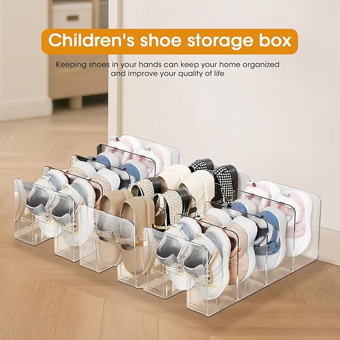 Kids Shoe Organizer Stackable: Clear Acrylic Baby Shoe Rack with Dividers - Closet Storage for Toddlers & Nursery Use (4 Pack)