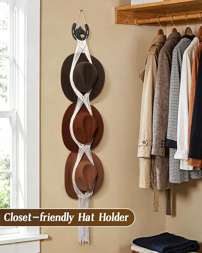Macrame Wall Hat Rack Boho Hat Organizer Wall Mount with Cast Iron Horsehead Hanger Western Hat Holder for Women Wide Brimmed Fedora Straw Cowboy Hats Storage Back of Door Decorative Display