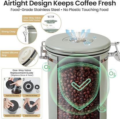 Veken Coffee Canister, 39OZ Large, Airtight Stainless Steel Food Storage Container for 2.2lbs Coffee Beans, Ground, Sugar, Tea, Flour, Cereal, Kitchen Bar Accessories with Date Tracker & Scoop, Green