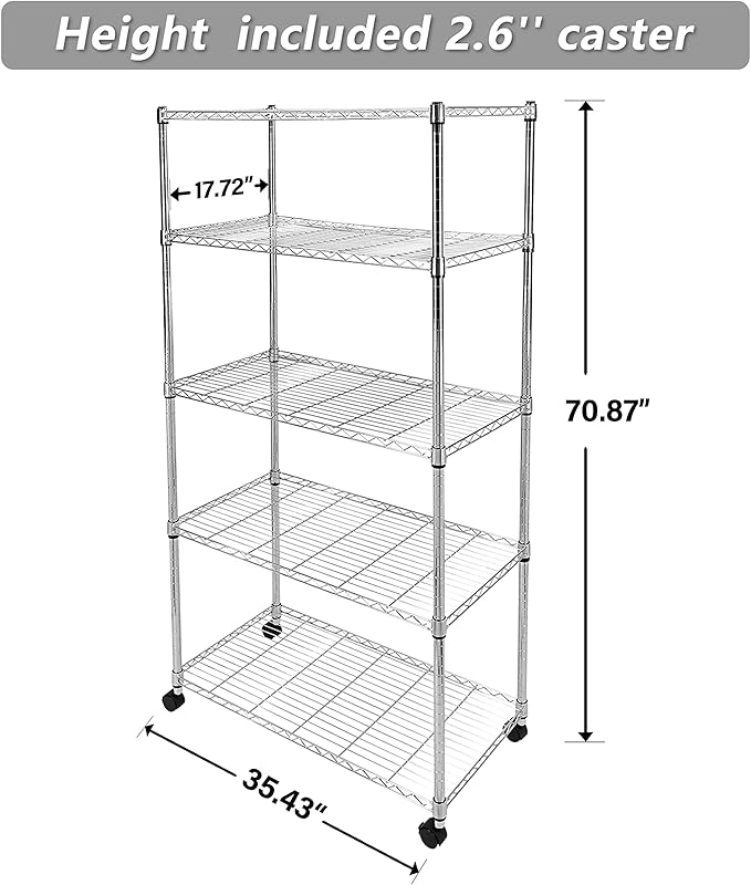 YSSOA 5-Tier Heavy Duty Storage Shelves, 1750 Lbs Loading Capacity, 35.43" W x 17.72" D x 70.87" H Adjustable Shelving Unit with Wheels, Chrome