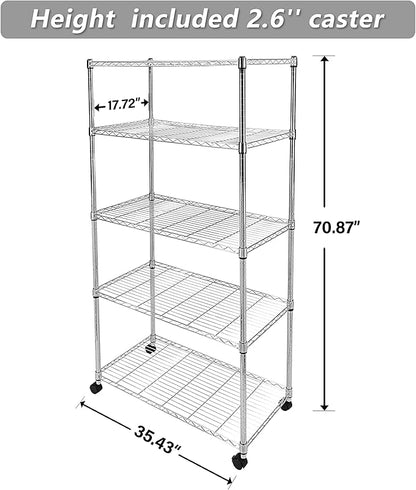YSSOA 5-Tier Heavy Duty Storage Shelves, 1750 Lbs Loading Capacity, 35.43" W x 17.72" D x 70.87" H Adjustable Shelving Unit with Wheels, Chrome