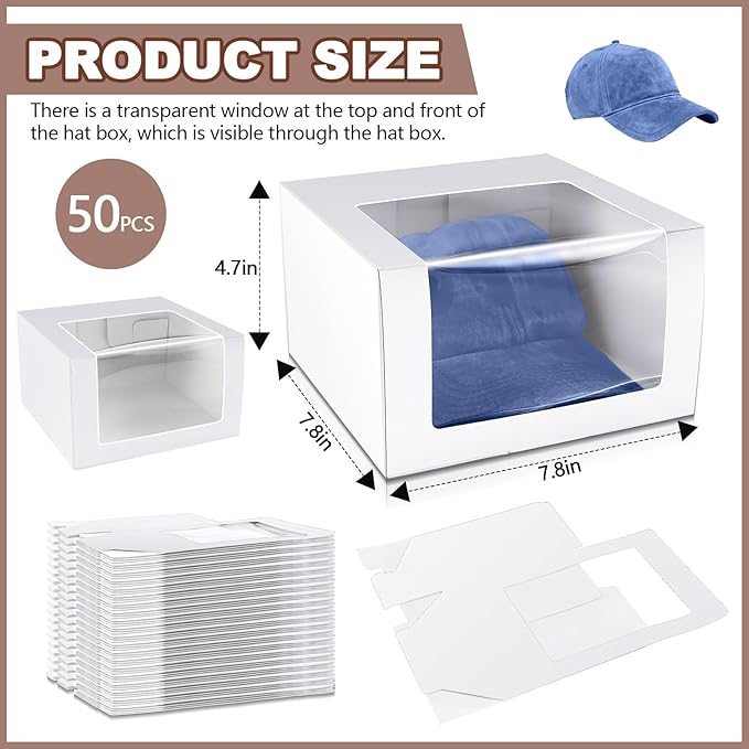 DoubleFill 50 Pcs Hat Boxes with Clear Window, Foldable Gift Boxes for Baseball Caps, Storage, Display and Shipping (White)