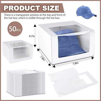 DoubleFill 50 Pcs Hat Boxes with Clear Window, Foldable Gift Boxes for Baseball Caps, Storage, Display and Shipping (White)