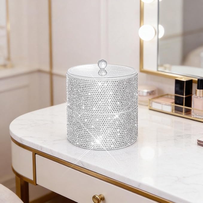 Bling Round Dispenser Stackable Apothecary Jar with Clear Lid ,Qtip Hold Bathroom Containers Cotton Ball & Swab Canister Vanity Organizer for Q-tip Cotton Round, Floss, Makeup Pads (2-Tier)