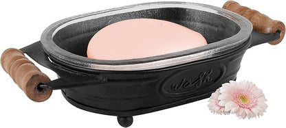 Autumn Alley Black Farmhouse Soap Dish for Bathroom – Fun Kitchen Soap Tray – Farmhouse Bathroom Accessories – Rustic Soap Dish – Wooden Handles Add Vintage Appeal – Cute Bathtub Decor