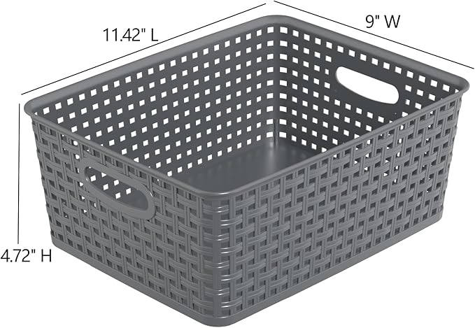 Kekow 4-Pack Gray Plastic Storage Basket, Pantry Woven Plastic Storage Basket