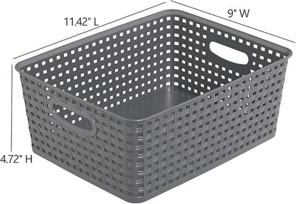 Kekow 4-Pack Gray Plastic Storage Basket, Pantry Woven Plastic Storage Basket