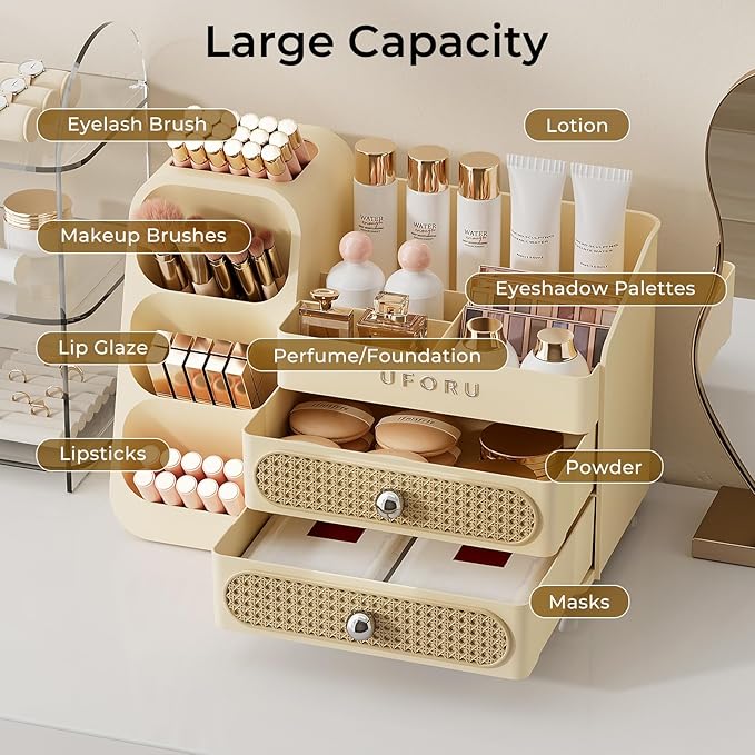 Makeup Organizer for Vanity with Brush Holder, Large Capacity Bathroom Countertop Skincare Organizer with 2 Drawers, Cosmetic Display Case for Perfumes, Eyeshadow Palettes, Nail Polishes