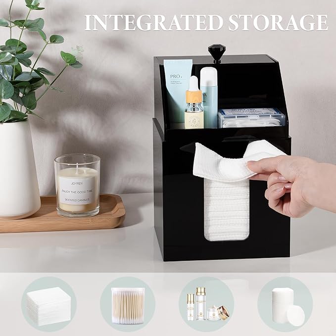 Anyoifax Disposable Facial Towels Storage Compatible with Clean Skin Club Clean Towel XL Double Layer Acrylic Box Cotton Pads Container Qtip Bin Face Towelettes Holder for Bathroom Counter, Black