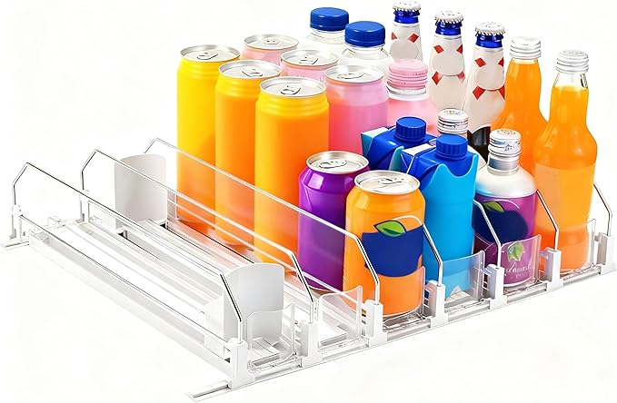 Drink Organizer for Fridge, 18.9x15.0x3.1in Soda Can Dispenser for Refrigerator, 6 Rows Adjustable Automatic Pusher Glide Drink Dispenser for Beer Beverages (White)