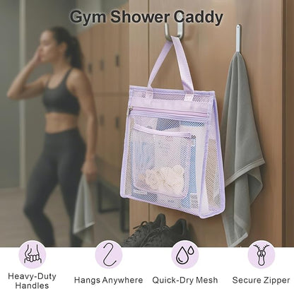 F-color Mesh Shower Caddy Portable Hanging - 3 Pockets Small Shower Bag Tote for Camping, Gym, Travel, Toiletry, Quick Dry Bathroom Essentials with S Hook, Purple