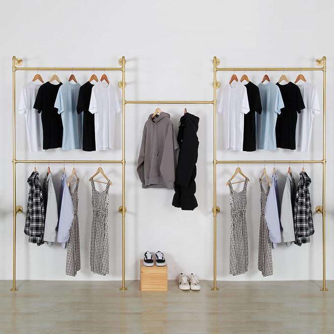 Industrial Pipe Clothing Rack Wall Mounted 5 Hanging Rods Garment Bar, Heavy Duty Closet Storage Rod Vintage Commercial Clothes Racks for Hallway Retail Boutique (Gold)