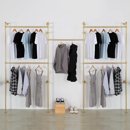 Industrial Pipe Clothing Rack Wall Mounted 5 Hanging Rods Garment Bar, Heavy Duty Closet Storage Rod Vintage Commercial Clothes Racks for Hallway Retail Boutique (Gold)