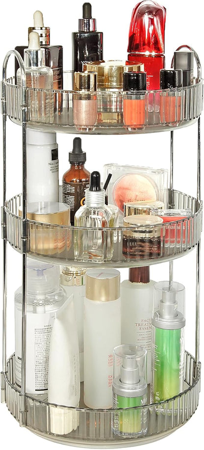 Skincare Organizers 360 Rotating, 3 Tier Round Makeup Organizer Countertop,Holder Rack Large Spinning Cosmetics Display Cases, Perfume Beauty Storage for Vanity, Countertop, Bathroom (Gray)