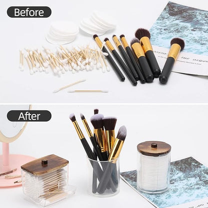 Tbestmax Bathroom Organizer Accessories Set-10 OZ Qtips Holder Storage with Wood Lids, Cotton Ball/Swabs Dispenser, Apothecary Container Jar 3 Pcs