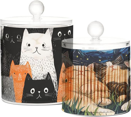 2 Pack Qtip Dispenser Apothecary Jars with Lids Cotton Round Holder Bathroom Canisters for Cotton Swab Floss Ball Pads Clear Plastic Decorative Cat and Starry Night Ragdoll