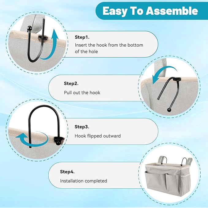BlissTotes Bedside Caddy, Bedside Storage Organizer for Bunk Bed Accessories, Dorm Storage for Bedside Shelf and Bunk Bed Shelf, Bed Caddy for Home, Dorm, Bunk (Light Gray, 1 Pack)