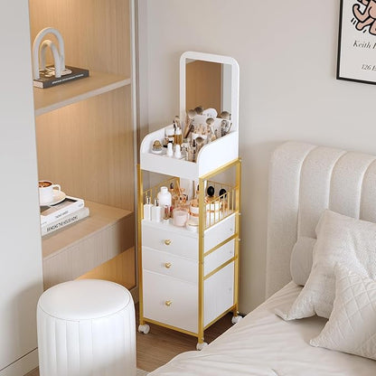 Makeup Cart Organizer with Mirror, Floor Makeup Organizer Large- Make Up Organizers Vanity Cart Cosmetic Display Cases Holder for Skin Care Perfume Nail Polish Brush Hair Tool (Gold)