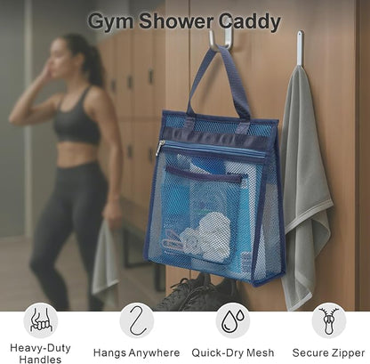 F-color Mesh Shower Caddy Portable Hanging - 3 Pockets Small Shower Bag Tote for Camping, Gym, Travel, Toiletry, Quick Dry Bathroom Essentials with S Hook, Navy Blue