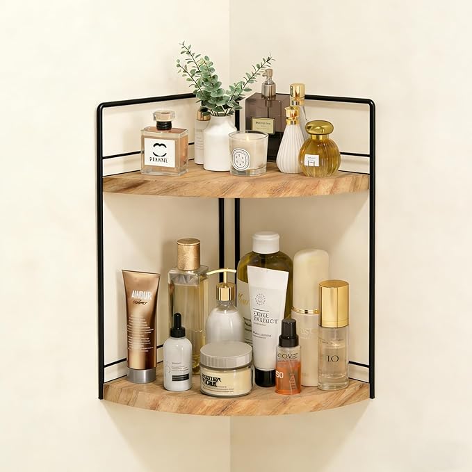 2 Tier Bathroom Counter Organizer,Bathroom Countertop Organizer, Wood Vanity Organizer Corner Shelf,Makeup Tray for Perfume Skincare Bedroom Kitchen Corner (2 Tier,Yellow)