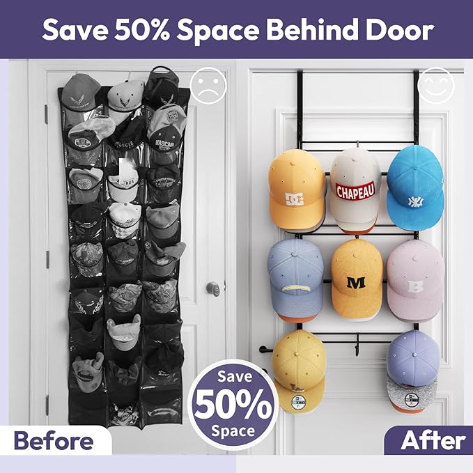 SWTYMIKI Over Door Hat Organizer - 3 Tier Metal Adjustable Wall Mounted Hat Rack with 9 Hooks Design, Hanging Baseball Cap Organizer Storage Holds up to 27 Caps for Door, Bedroom, Closet