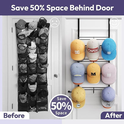 SWTYMIKI Over Door Hat Organizer - 3 Tier Metal Adjustable Wall Mounted Hat Rack with 9 Hooks Design, Hanging Baseball Cap Organizer Storage Holds up to 27 Caps for Door, Bedroom, Closet