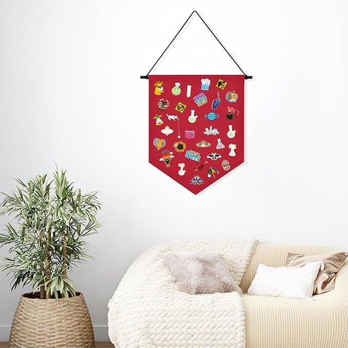 Wall Hanging Brooch Organizer Storage Board Colorful Enamel Pin Badge Canvas Display Banner Earrings Case Collection Holder 12.6x10in(Not Include Any Accessories) (Red)