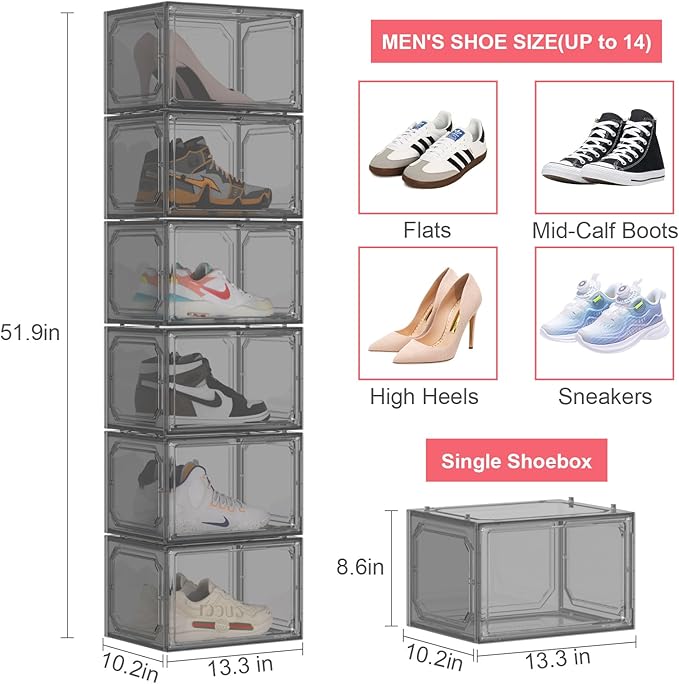 Shoe Box,Set of 6,Stackable Plastic Clear Shoe Box Organizer with Magnetic Door,Shoe Storage Box Thicken Sturdy,Easy Assembly,Fit up to US Size(Side opening door, Black)