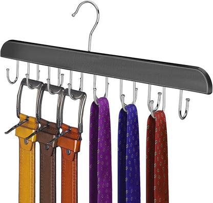ASTIMESA Solid Wood Belt Hanger, 14 Hooks Belt Organizer Space Saver for Closet, 360° Rotating Belt Holder Tie Rack for Men Women Dorm Bra Purse Scarf Tank Top Storage Accessories (Black)