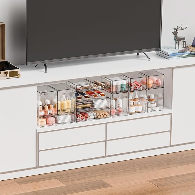 Yieach 12.2''W Clear Stackable Storage Drawers,4 Pack Acrylic Drawers,Bathroom Organizer Bin and Plastic Makeup Organizer,Clear Stacking Brightroom Storage Boxes for Vanity,Cabinet,Pantry Organization