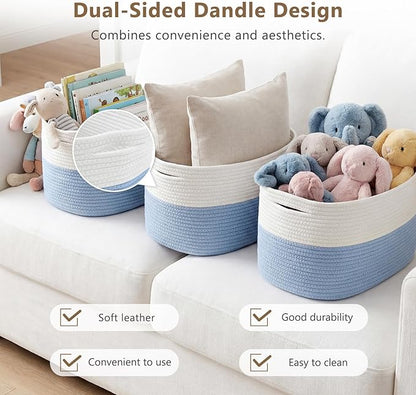 ECDYQXVU Cotton Rope Storage Basket, 15x10x9 Inches, Woven Basket for Shelves, Clothes, Towels, Books, and Laundry, White Blue (3 Pack)