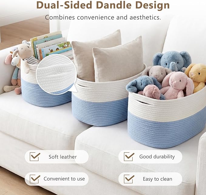 ECDYQXVU Cotton Rope Storage Basket, 15x10x9 Inches, Woven Basket for Shelves, Clothes, Towels, Books, and Laundry, White Blue (1 Pack)