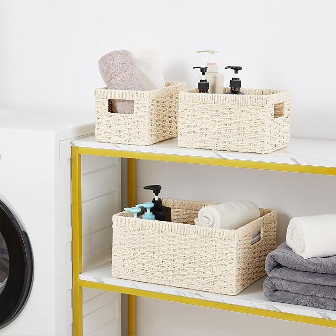 Vagusicc Wicker Storage Basket, Set of 3 Wicker Basket, Hand-Woven Paper Rope Storage Baskets for Organizing, Large Cube Storage Organizer Bins Baskets for Shelves Small Toilet Paper Baskets, Beige
