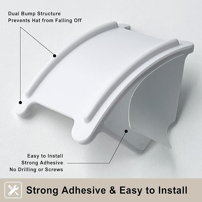 Adhesive Hat Hooks for Wall (12-Pack), No-Drilling Hat Hanger for Wall Baseball Cap Rack Organizer, Hats Holder on Closet Door Storage & Display