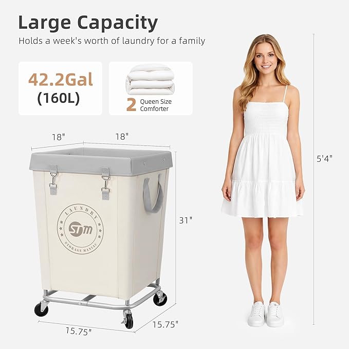 STORAGE MANIAC Commercial Laundry Hamper with Heavy Duty Steel Frame, 160 L Industrial Laundry Basket Cart with Wheels for Hotel, Home, Laundry Room, 18''L x 18''W x 31''H, Medium Beige