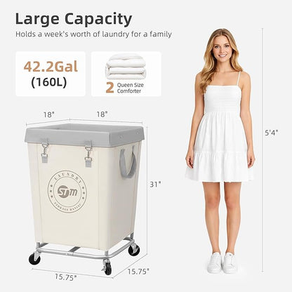 STORAGE MANIAC Commercial Laundry Hamper with Heavy Duty Steel Frame, 160 L Industrial Laundry Basket Cart with Wheels for Hotel, Home, Laundry Room, 18''L x 18''W x 31''H, Medium Beige