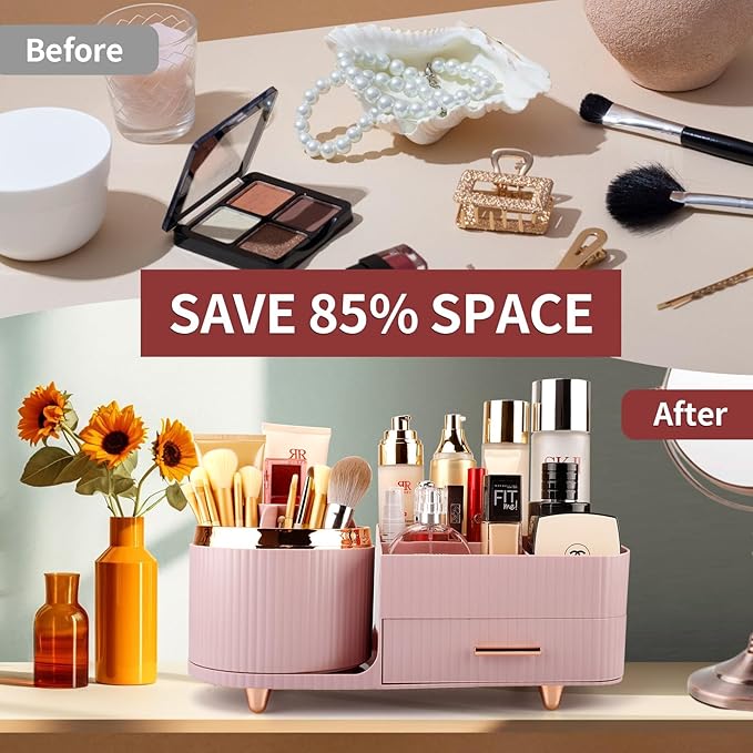Molutsody Makeup Organizer for Vanity, Cosmetic Display Case with Drawers, Fits Makeup, Skincare Products, Brushes, Lipsticks, and Other Accessories, Versatile Storage Solution (Pink)