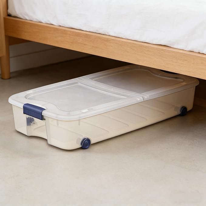66 Quart Wheeled Latch Box, Clear Underbed Storage Bin with Lid, Blue
