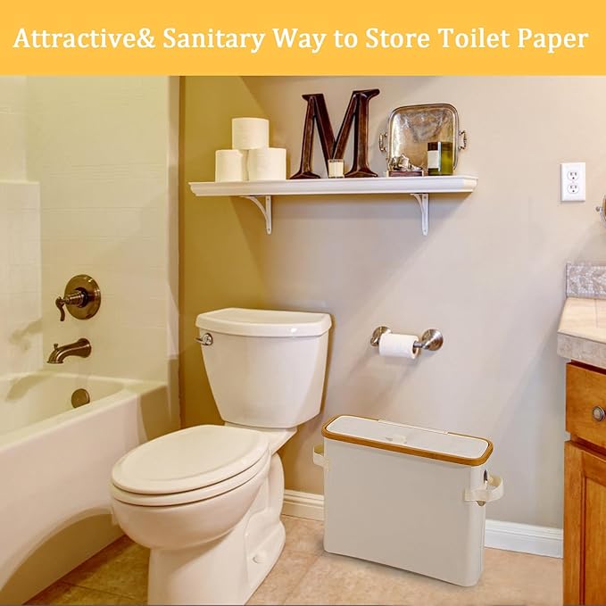 Toilet Paper Storage Basket with Lid, Bamboo Toilet Paper Storage Holder Stand Organizer for Bathroom, Toilet Paper Storage Box Container with Handle Bin for RV Closet, Beige