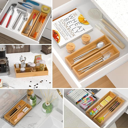 VeyFey Silverware Tray for Drawer, Stackable Kitchen Bamboo Drawer Organizer 12" x 3" x 2" Set of 2