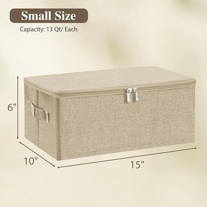 ANMINY 2PCS Storage Bins with Zipper Lids 13 Qt Lidded Fabric Storage Boxes Baskets Cubes with Handles Collapsible Washable Cotton Linen Closet Shelf Clothes Organizer Containers - Beige, Small