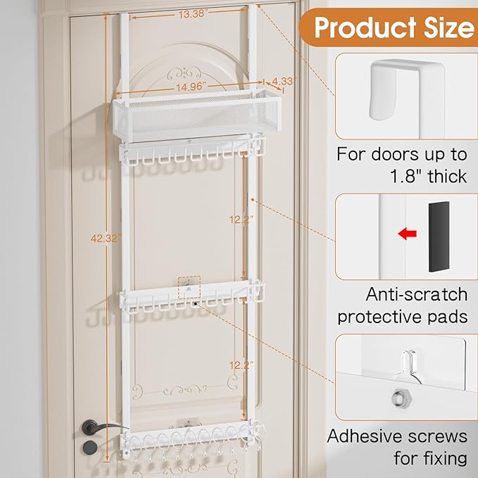 3 Tier Over Door Hat Rack with Basket,Hat Organizer for Baseball Cap with 18 Hooks and 10 Movable Clips,Hat Hanger Storage Holds up to 30+ Caps for Door, Bedroom, Closet (White)