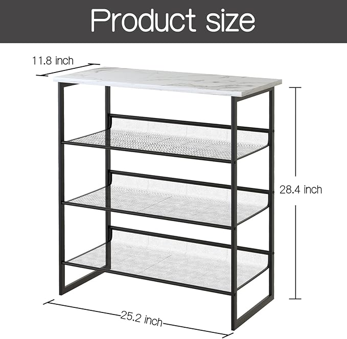 Garden 4 you Shoe Rack for Entryway 4 Tiers 11.8" D x 25" W x 28" H, Metal Shoe Rocks with White Wooden Tabletop, Angled Shoes Rack with Adjustable Mesh Shelves for Entryway Hallway Closet