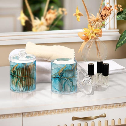 4 Pack Qtip Holder Dispenser Blue Marble Liquid Watercolor Cotton Ball Swab Round Pads Floss Clear Bathroom Storage Containers Plastic Apothecary Jars with Lids