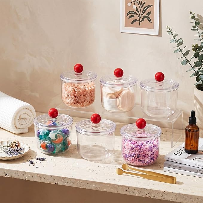 Rtteri 6 Pack 30 oz Plastic Apothecary Jar with Lid, Acrylic Shatterproof Laundry Pods Container Vanity Organizer Canisters for Office Desk Storage Container Jars for Bathroom, Laundry Room, Kitchen