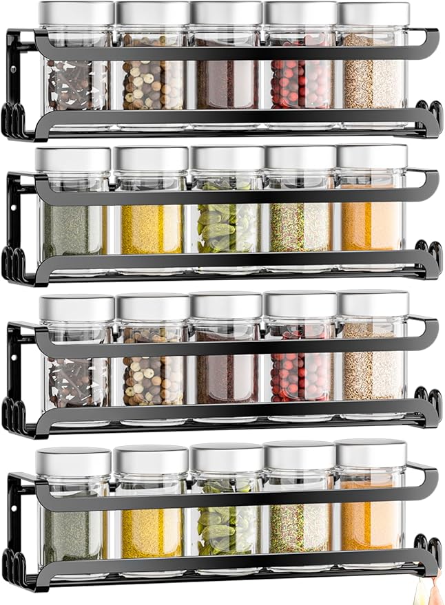 LUCYCAZ 4 Pack Wall Mounted Spice Rack with 16 Hooks, Spice Organizer Shelf for Stove Cabinet Pantry Door,Screw or Adhesive Spice Shelf Hanging Wall Spice Rack in Kitchen and RV (Black, 4 PACK)